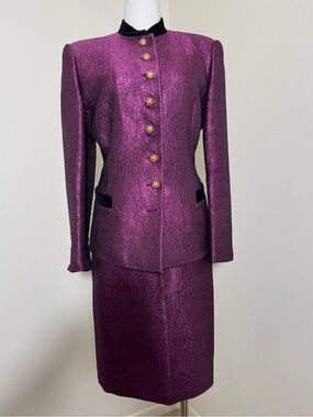 Vintage Escada Couture Purple Brocade Jacquard Blazer Skirt Suit 2 Pc Set
